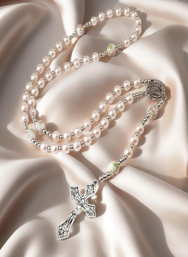 CACALOSS 8mm Pearl Alloy Catholic Cross Rosary Necklace - Exquisite Prayer, Portable and Lightweight - Image 5